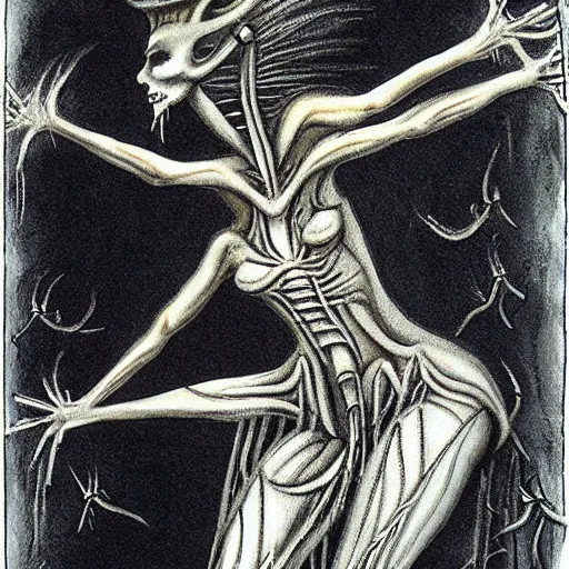 Prompt: a demon ballerina leaving a trail of smoke by h. r. giger