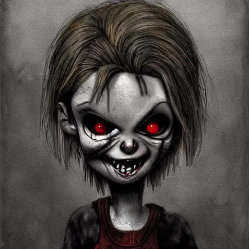 Image similar to grunge cartoon drawing of a cute chucky by - michael karcz , in the style of corpse bride, loony toons style, horror themed, detailed, elegant, intricate