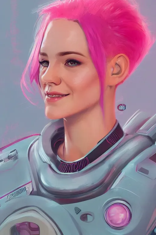 Image similar to a portrait of an attractive female sci fi pilot with pink hair, bangs, playful, grinning, illustration by aleksei vinogradov, trending on artstation