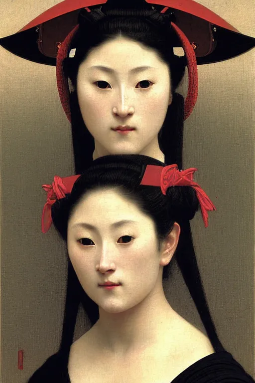 Prompt: portrait of a woman in samurai helmets, by bouguereau