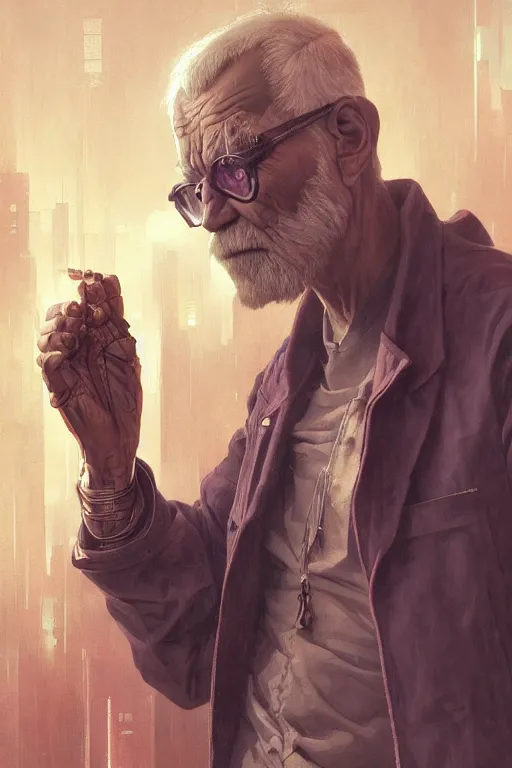 Prompt: cyberpunk old man, augmented, cyborg, movie poster, normal hands, normal legs, cinematic lighting, intricate, rugged, highly detailed, digital painting, artstation, smooth, sharp focus, illustration, art by artgerm and greg rutkowski and alphonse mucha and Wayne Barlowe and william-adolphe bouguereau