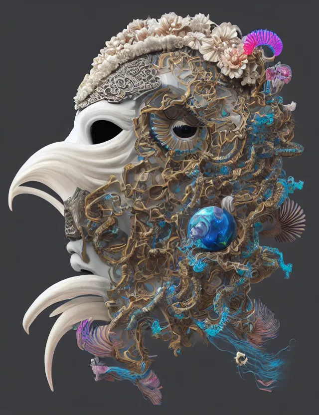 Image similar to 3 d goddess close - up profile solarpunk portrait ram skull. beautiful intricately detailed japanese crow kitsune mask and clasical japanese kimono. betta fish, jellyfish phoenix, bio luminescent, plasma, ice, water, wind, creature, artwork by tooth wu and wlop and beeple and greg rutkowski