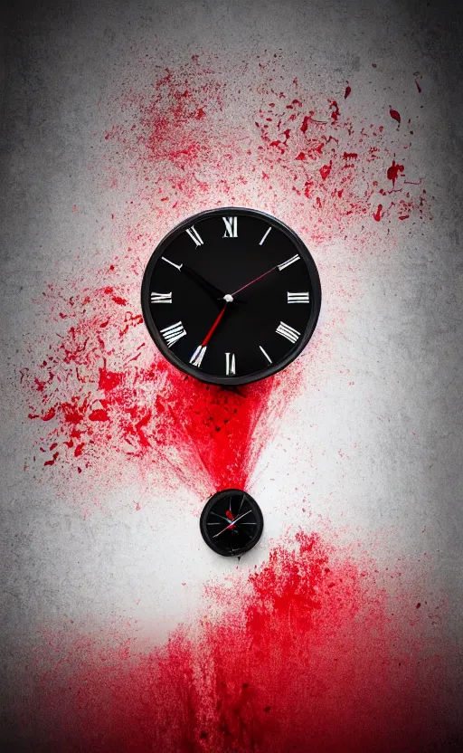 Image similar to a melting Roman numeral clock, behind a red and black gradient background, awith a black heart shaped on the top left corner and a black diamond card shape in the bottom right corner, dynamic lighting, photorealistic fantasy concept art, trending on art station, stunning visuals, cinematic, creative, ultra detailed