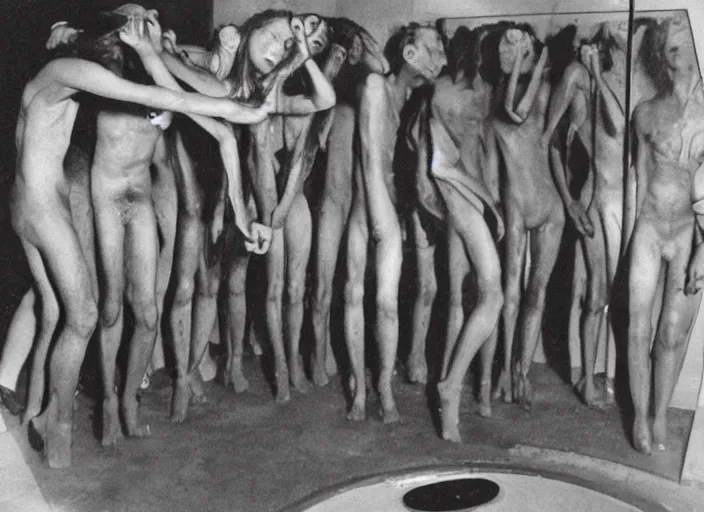 Image similar to aliens entering into a pissoir. marcel duchamp style