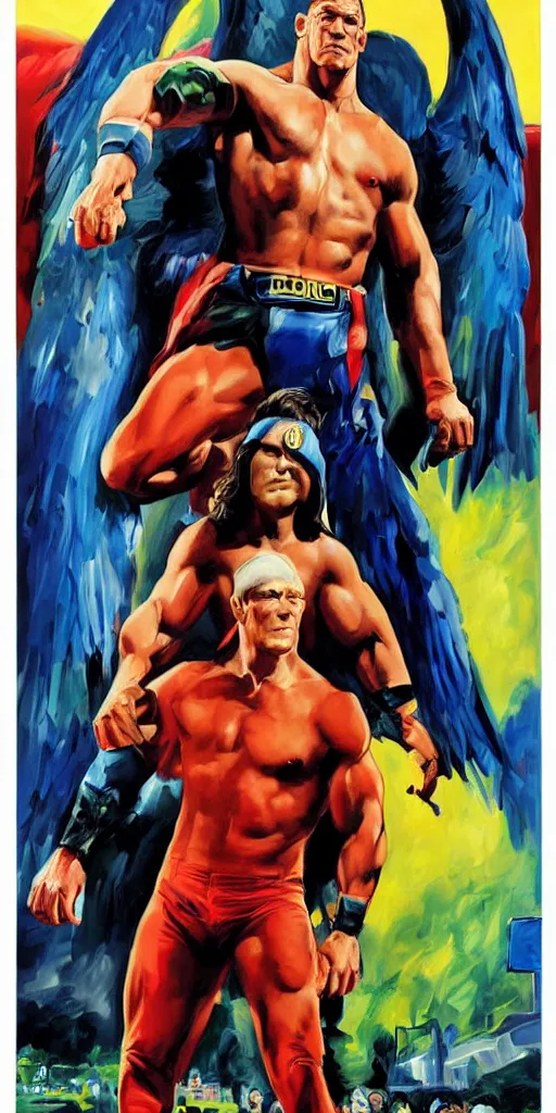 Prompt: The Peacemaker TV Show promo poster featuring John Cena as PeaceMaker and Eagly by Alex Ross, oil painting