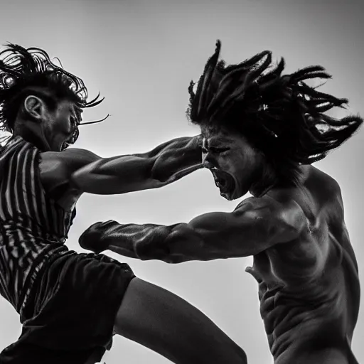 Image similar to a crazy fight, 4 k, award winning, black and white