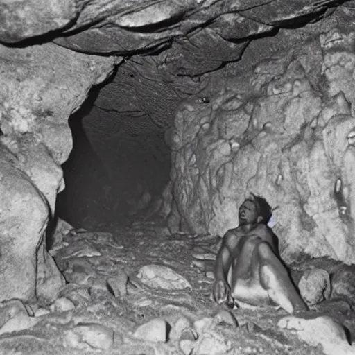 Image similar to photo inside a cavern of a wet reptilian humanoid charles mingus partially hidden behind a rock, with black eyes, open mouth and big teeth