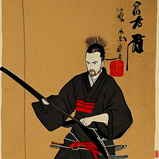 Image similar to jesse pinkman from breaking bad wearing samurai armor and holding a katana in feudal japan, ink block painting, edo period