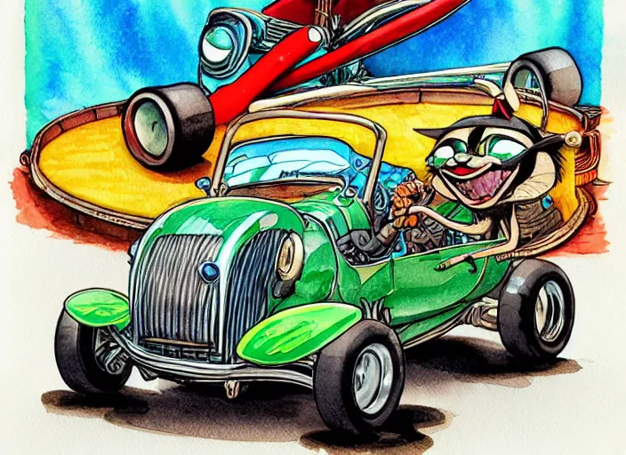 Image similar to funny, racoon riding in a tiny hot rod coupe with oversized engine, ratfink style by ed roth, centered award winning watercolor pen illustration, by chihiro iwasaki, edited by range murata