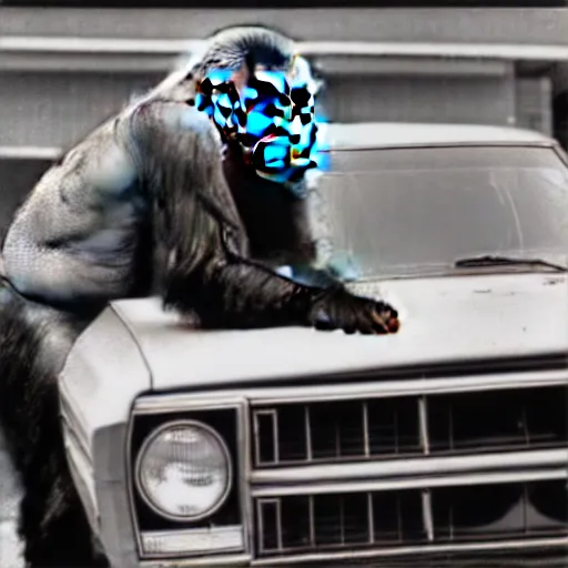 Prompt: A gorilla leans on the hood of a car dressed like a mechanic and holding a wrench, 70s photograph, newspaper photo