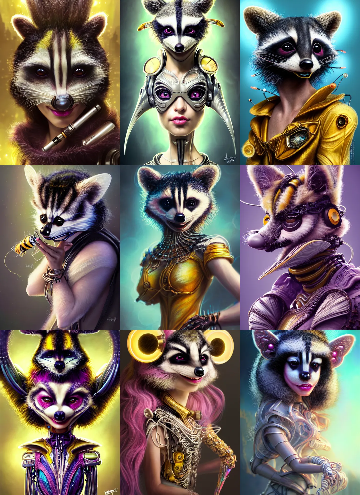 Prompt: disney weta portrait, soft lustrous biotech raver white clowncore bumblebee raccoon cyborg, earbuds, hi - fructose, sci - fi, fantasy, cyberpunk, intricate, decadent, highly detailed, digital painting, ever after high, octane render, artstation, concept art, smooth, sharp focus, illustration, art by artgerm, wlop,