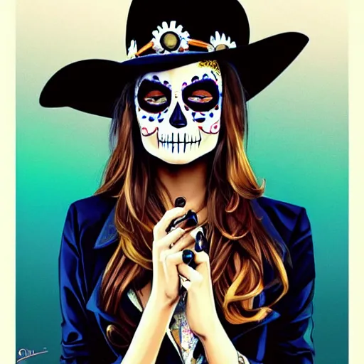 Image similar to in the style Diego Fazio and Joshua Middleton, mila kunis, skull paint, dia de Los muertos, trenchcoat, day of the dead, full body, smiling, cowboy hat