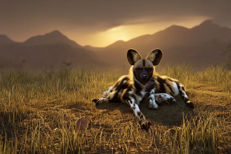 Prompt: an african wild dog sitting on its belly, front legs out on the african plains, friendly, long grass, sparkling water, glistening, hyper realistic, hyper detailed, digital art, trending in artstation, cinematic lighting, studio quality, smooth render, unreal engine 5 rendered, octane rendered, by paul lehr