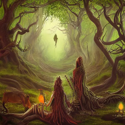 Image similar to painting of the beings of the forest, fantasy, surreal, very detailed, 8k