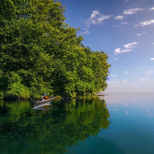 Prompt: surrealist fisherman in boat on calm lake with many trees along the shoreline during twillight