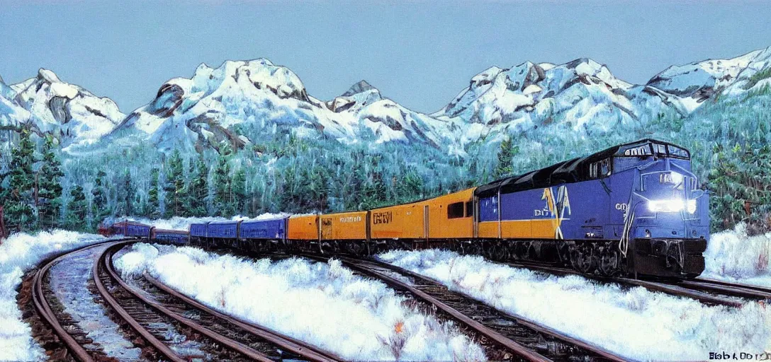 Image similar to a via rail!!! f - 4 0 ph - 2 d leaving sainte - foy station in 1 9 9 2, by bob ross, peaceful, hopeful, oil painting!!