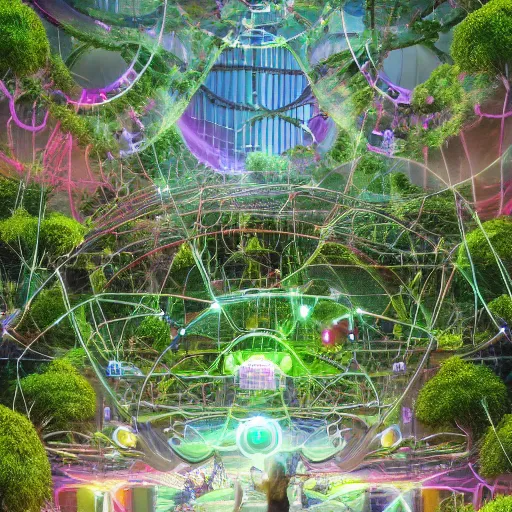 Image similar to a post - singularity solarpunk harmonic green lush overgrown utopia in which wired up the ai synthesizer on the center stage highest goal is to induce the utmost state of happiness to its people by creating and playing music, blissful, unreal, 4 k, hyperrealistic, refraction, bryce 3 d, architecture, by victor henrich, art nouveau
