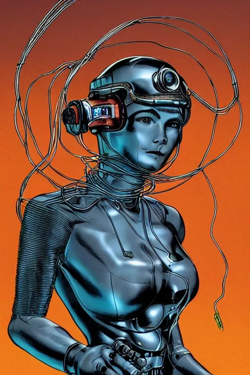 Image similar to A beautiful woman wearing a cybernetic helmet with many wires plugged into is and in her body by Moebius and Rahzzah