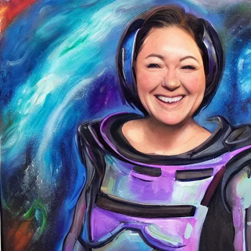 Image similar to A woman is happy because she is wearing a sci-fi suit designed for extreme comfort. Painting.