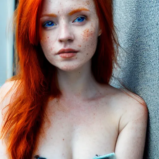 Prompt: close up portrait photo of a real beauty redhead freckles, 8k,