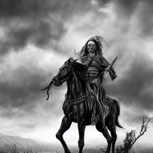 Prompt: the third horseman, famine on the black horse, giant, dark fantasy, fighting army of little people, evening, grey clouds, dead forest background, highly detailed, realistic, storm, medieval.