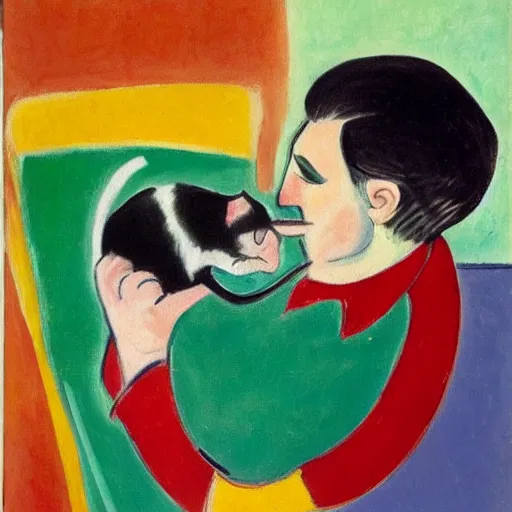 Prompt: An oil painting of a cat spitting on a man, colorful, by Henri Matisse