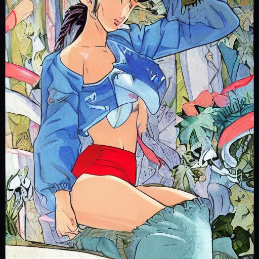 Image similar to a beautiful! boyish! natalie portman bulma from dragonball, alluring gravure! model, wearing hip hop mayan bomber jacket and leotard with native style overalls, bulky poofy bomber jacket with mayan patterns, guilty gear art style, trending on pixiv, painted by makoto shinkai takashi takeuchi studio ghibli, akihiko yoshida