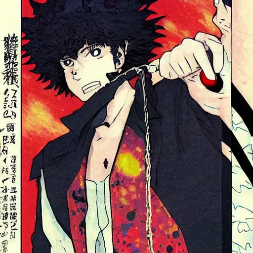 Image similar to portrait of Spike Spiegel fire Wizard Mage Wearing an obsidian vest whilst disguised as a devil atop the volcano uta natsume naoko takeuchi katsuhiro otomo Alexey Egorov Inio Asano sui ishida anime mangaka