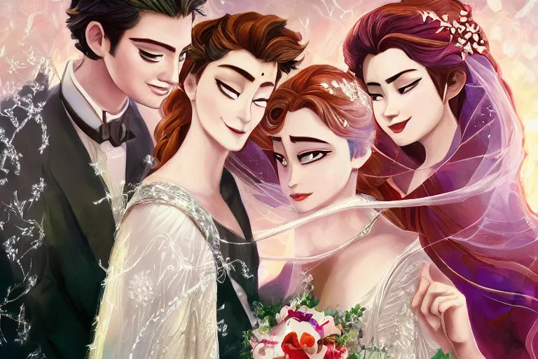 Image similar to a cinematic portrait of wedding photograph jpeg close up moment of a divine a japan sun god and moon goddess lovers magician at a wedding banquet. portraiture. digital painting. artstation. concept art. wedding photo. illustration. frozen ii art masterpiece by art by krenz cushart