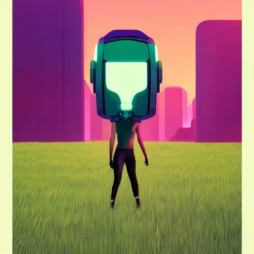 Image similar to a graph - style woman walking across a lush green field, a huge robot head in front of her, cyberpunk art by by james gilleard, cgsociety, retrofuturism, synthwave, retrowave, outrun