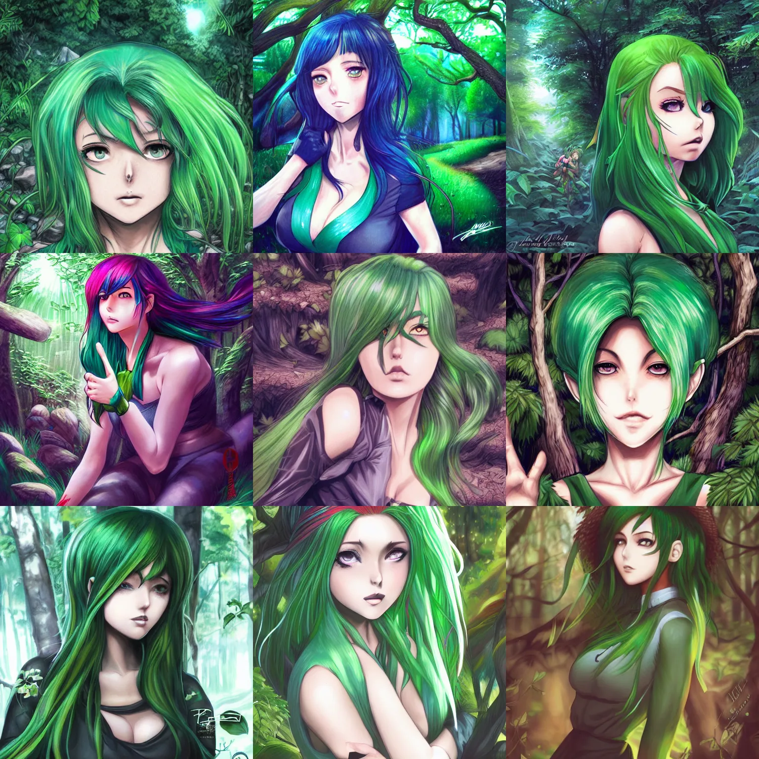 Prompt: manga girl with green hair in the forest, by Artgerm and Magali Villeneuve