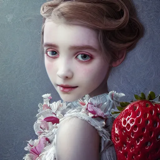 Image similar to the portrait of the absurdly beautiful, graceful, elegant, sophisticated, fashionable little girl made of strawberries and white petals looking down, an ultrafine hyperdetailed illustration by kim jung gi, irakli nadar, intricate linework, bright colors, octopath traveler, final fantasy, unreal engine 5 highly rendered, global illumination, radiant light, detailed and intricate environment