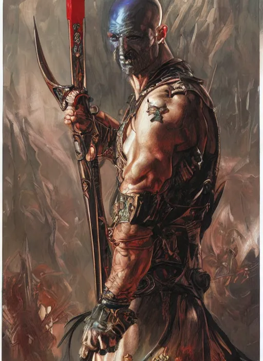 Prompt: a paintbrush fantasy comic book style portrait of a bald cleric assassin male warrior, art by donato giancola and bayard wu and gustav moreau and wayne barlowe