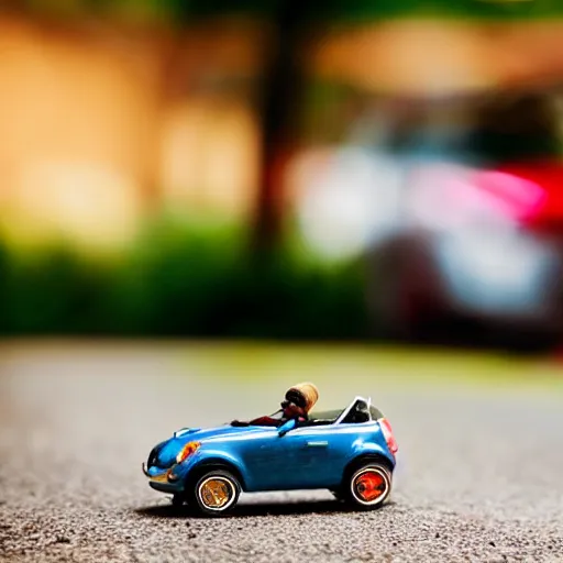 Prompt: Photo of small hamster driving remote controlled convertible car bokeh