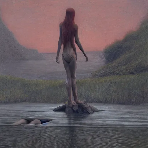 Image similar to portrait, shore of the lake, woman, wrapped around by veins, various clothes, glowing red, by edgar maxence and ross tran, zdzisław beksinski, and michael whelan, distant, gustav dore, h. r. giger, 8 k, octane render