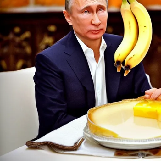 Image similar to vladimir putin endorsing a creme brulee with banana slice on top