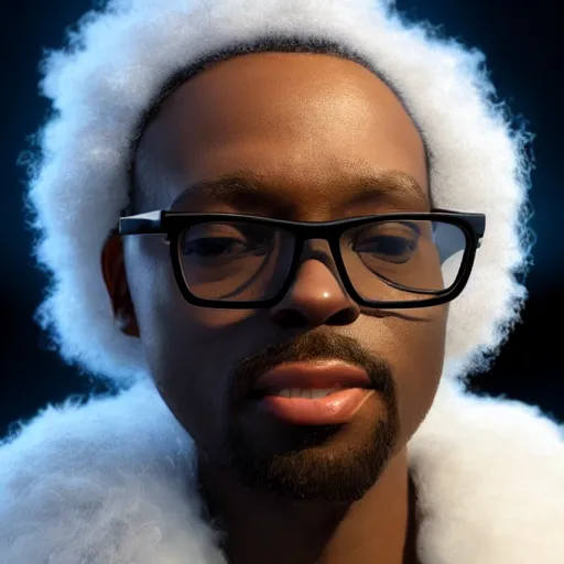 Prompt: beautiful 3D rendered fictional black character, wearing glasses, his head is made of fluffy clouds, wearing white suit, realistic, 8k, 4k, unreal engine, by Antoni Tudisco, artstation