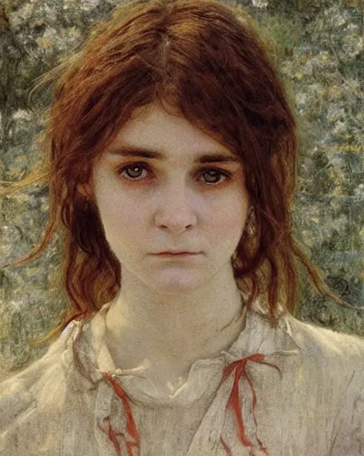 Image similar to a beautiful but sinister girl who looks like a young shirley henderson in dead space, with haunted eyes and crazy hair, 1 9 7 0 s, seventies, delicate embellishments, a little blood, crimson, painterly, offset printing technique, by jules bastien - lepage