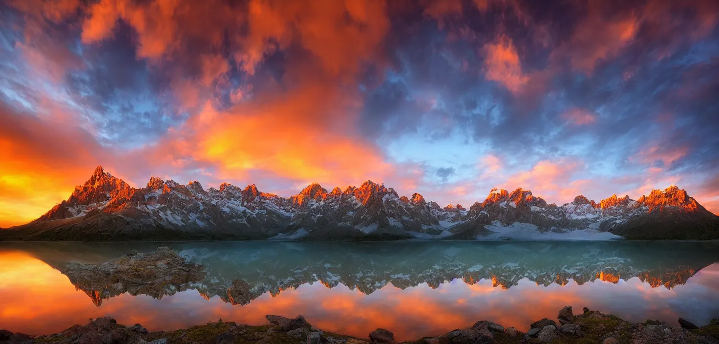 Image similar to amazing landscape photo of mountains with lake in sunset by marc adamus, beautiful dramatic lighting