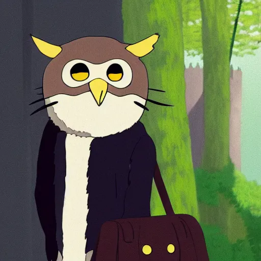 Image similar to still from studio ghibli movie My Neighbor Totoro, Hayao Miyazaki,barn owl in a black suit wearing an office bag going to the office, symetrical face,digital oil painting