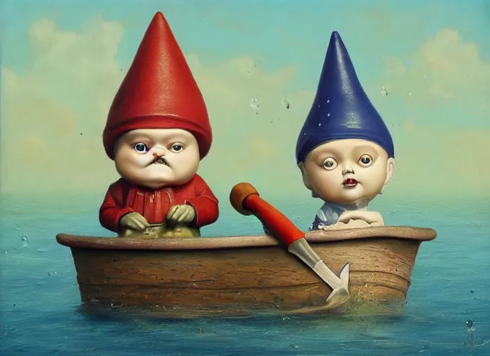 Image similar to a garden gnome sailing across a bucket of water, an ultrafine detailed painting by mark ryden, trending on deviantart, pop surrealism, whimsical, lowbrow, grotesque