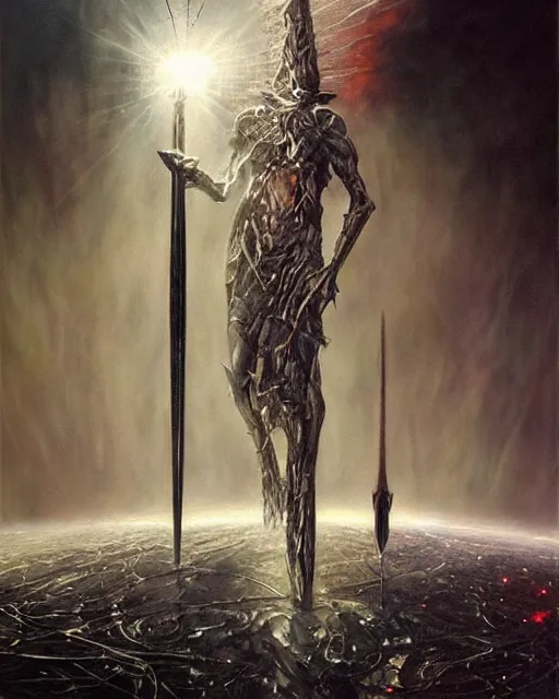 Image similar to spear of longinus, award winning photograph, radiant flares, realism, lens flare, intricate, various refining methods, micro macro autofocus, evil realm magic painting vibes, hyperrealistic painting by michael komarck - stephen gammell