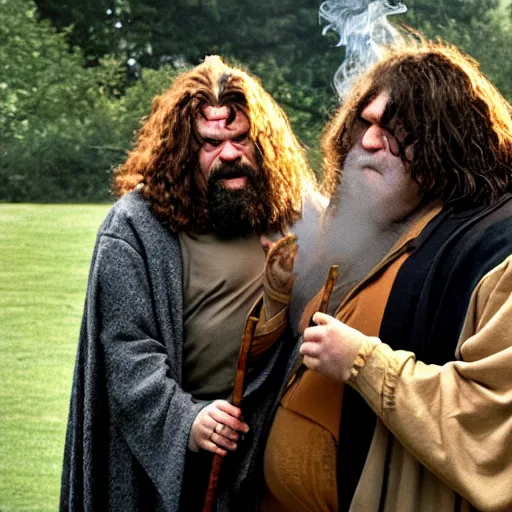 Image similar to harry potter smoking a blunt with hagrid outside hogwarts