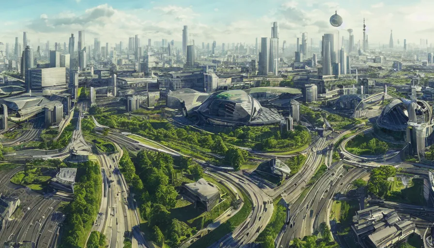 Prompt: futuristic berlin with reichstag building, glass dome towers, concrete buildings, glass buildings, trees, green alley, highways, place, sunny day, crowded city, horizon, white glass domes, city art, hyperdetailed, artstation, cgsociety, 8 k