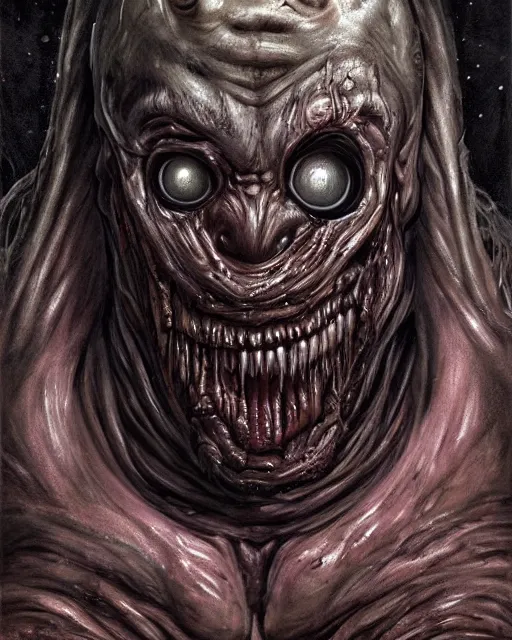 Image similar to Dark fantasy Painting of a hulking muscular EXTRATERRESTRIAL flesh creature with big bulging eyes, white milky eyeballs, skin covered in boils with fish eyes with drool dripping from its mouth, hr giger muscles, straw-like beard growing from face, disgusting, creepy, unsettling, horror, upper body, intricate, wild, highly detailed, digital painting, artstation, concept art, smooth, sharp focus, illustration, art by artgerm and greg rutkowski and alphonse mucha