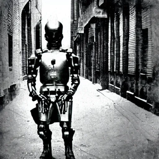 Image similar to grainy 1800s photo of a cybernetic soldier in a city