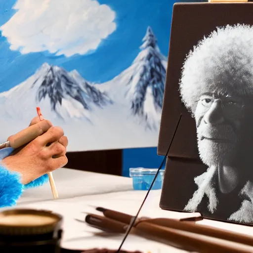 Prompt: a closeup photorealistic photograph of bob ross working on a canvas painting cookie monster. film still. brightly lit scene. mountains and trees. this 4 k hd image is trending on artstation, featured on behance, well - rendered, extra crisp, features intricate detail, epic composition and the style of unreal engine.