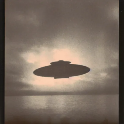 Prompt: cylindrical ufo hovering above water, real Polaroid photo