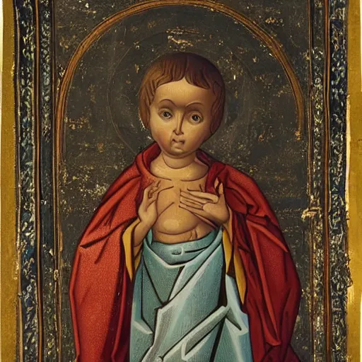 Image similar to a baby seal saint, wearing ornate robes, Byzantine painting