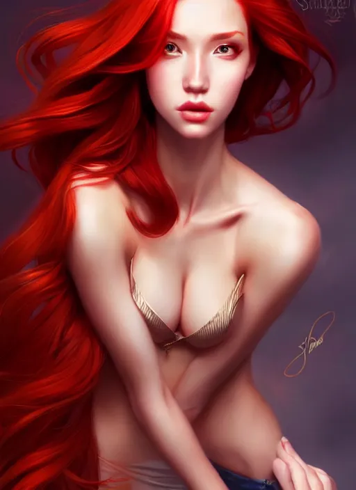 Prompt: a gorgeous female with long red hair in the style of stefan kostic, realistic, full body shot, wide angle, sharp focus, 8 k high definition, insanely detailed, intricate, elegant, art by stanley lau and artgerm, floating embers